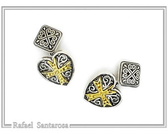 Byzantine Style Maltese Cross Cufflinks Heart Shaped, made of Oxidized Sterling Silver with 18ct Gold-Filled Detailing Silver Maltese Cross