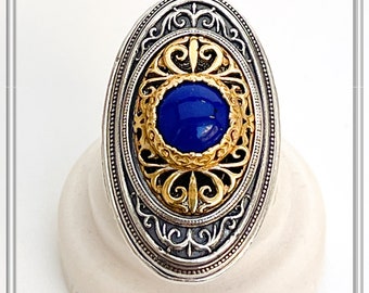 Lapis Lazuli Byzantine statement ring made of oxidized Sterling Silver and 18 karat Gold Filled silver setting with floral decoration.