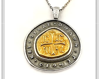 Jesus Christ Victorious solid gold 18 karat on oxidized sterling silver necklace. Christogram talisman. Byzantine Constantinato necklace.