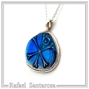 Protection Christian talisman necklace Jesus Christ necklace Christogram oxidized silver coin sky blue enamel covered Constantinato pendant.