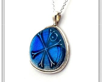 Protection Christian talisman necklace Jesus Christ necklace Christogram oxidized silver coin sky blue enamel covered Constantinato pendant.