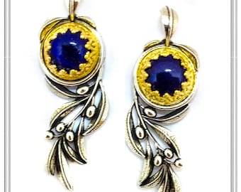 Lapis lazuli floral drop earrings olive leaf branch oxidized solid sterling silver, lapis lazuli or pearl in filigree bezel 18K gold filled
