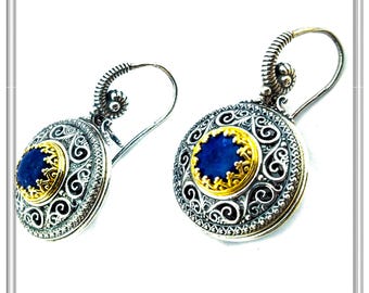 Natural lapis lazuli earrings byzantine style, oxidized sterling silver with filigree 18 karat gold filled byzantine decorated bezel.
