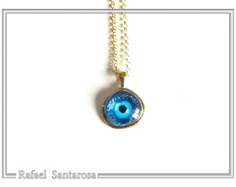 Evil eye protection talisman charm pendant, sterling silver necklace, good luck charm, sky blue enamel on solid silver 18ct gold-filled