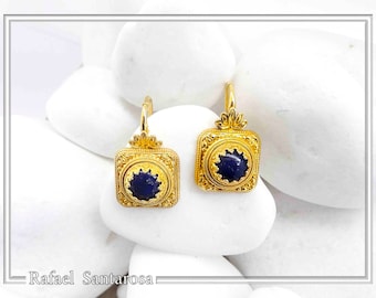 Natural lapis lazuli silver earrings gold-filled with byzantine filigree & granulation decoration. Pearl on sterling silver 18ct gold filled