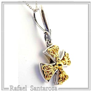 Byzantine protection cross silver pendant, sterling silver oxidized and 18 karat gold filled filigree.Greek orthodox Christian cross pendant