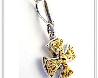 Byzantine protection cross silver pendant, sterling silver oxidized and 18 karat gold filled filigree.Greek orthodox Christian cross pendant
