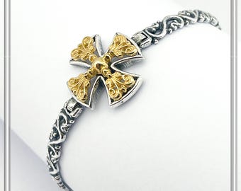 Byzantine cross silver bracelet, oxidised sterling silver with 18 karat gold filled filigree Byzantine decoration. Orthodox Christian cross.