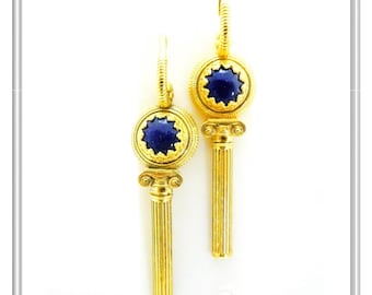 Lapis lazuli silver earrings ancient greek column shape, sterling silver 18 karat gold filled with lapis lazuli and Greek spiral column head