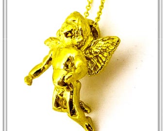Baby cupid angel necklace, Eros angel pendant sterling silver 18 karat gold filled.  Eros love angel necklace. Cherubim guardian angel.