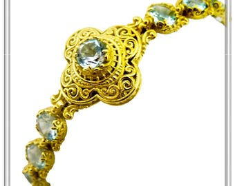Byzantine silver cross filigree beaded bracelet 18 karat gold filled with 5mm gems beads, sky blue topaz, amethyst, peridot, or garnet.