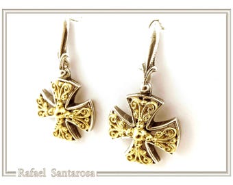 Byzantine cross filigree silver earrings, sterling silver oxidized & 18 karat gold filled filigree. Greek Orthodox Christian cross earrings.