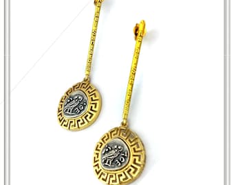 Owl tetradrachm coin drop earrings, sterling silver oxidized on greek key wreath 18 karat gold filled silver base, Athena owl coin replicas.