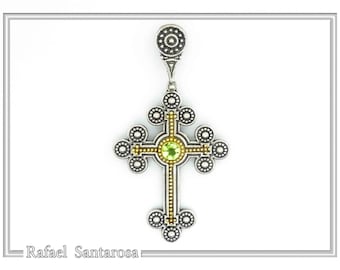Byzantine Silver Cross, Oxidized Sterling Silver, 18ct Gold Filled Silver, Byzantine Decoration with Peridot, Garnet, Topaz, Amethyst, Pearl