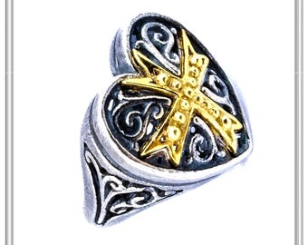 Holy Heart Knight Ring: Medieval Maltese Cross 18K Gold Filled on Oxidized Sterling Silver