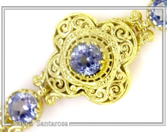 Byzantine filigree multistone 18ct solid gold beaded bracelet 5mm natural brilliant cut gemstones sky blue topaz amethyst peridot red garnet
