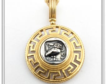 Athenian Owl Coin Pendant: 18k Gold-Filled Sterling Silver Greek Key Necklace