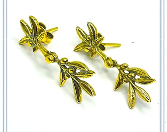 18K Gold Filled Sterling Silver Olive Branch Dangle Earrings - Greek Jewelry
