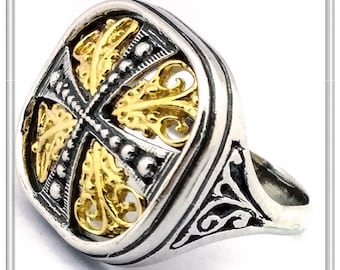 Byzantine silver cross statement ring, Greek Orthodox Christian cross silver ring sterling silver oxidized and 18 karat gold filled filigree