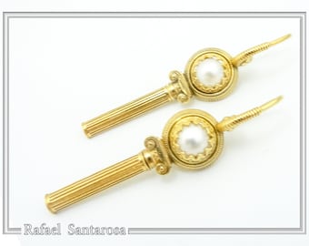 Greek column shape ancient Greek earrings, sterling silver 18 karat gold filled with pearl or lapis lazuli and Hellenic spiral column head