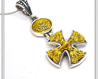 Byzantine Cross Necklace Sterling Silver Oxidized & 18K Gold Filled Handmade Pendant, Medieval Christian Jewelry