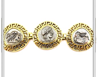 Ancient Greek Coin Greek key Beaded Bracelet: Oxidised and 18K Gold Filled Sterling Silver