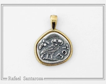 Owl tetradrachm coin pendant, sterling silver oxidized, and gold filled, Athena's owl necklace, Greek coin museum replicas of ancient Greece