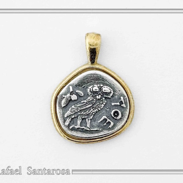 Owl tetradrachm coin pendant, sterling silver oxidized, and gold filled, Athena's owl necklace, Greek coin museum replicas of ancient Greece