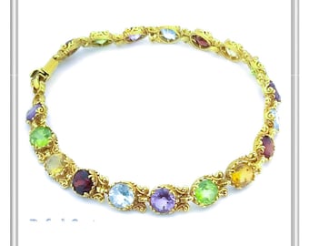 Multistone silver tennis bracelet 18 karat gold filled byzantine filigree with natural  topaz peridot amethyst garnet citrine pearl or lapis