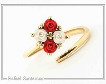 Rose flower adjustable statement ring on sterling silver 18k gold-filled. Micro sculptured on alabaster rose flowers. Romantic gift for her.