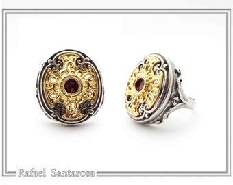 Byzantine statement garnet ring on sterling silver oxidized and 18k gold filled greek byzantine hellenic heritage. greece museum inspired