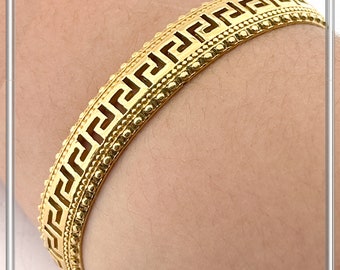 Greek Key Meander Design Adjustable Cuff Bracelet: Sterling Silver 18K Gold Filled