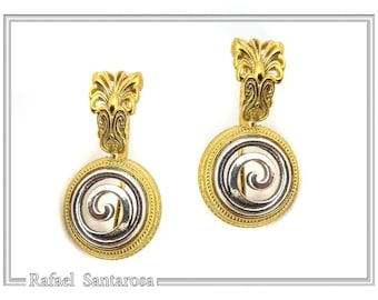 Spiral silver earrings 18ct gold filled with filigree antefix, ancient Greece symbol of eternity and spiral centre, Greek museum jewelry.
