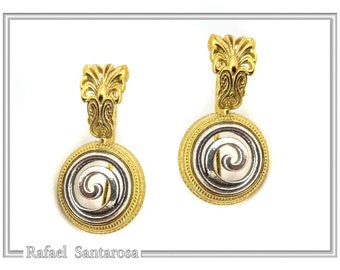Spiral silver drop earrings 18 karat gold filled. Ancient Greek symbol of eternity, filigree antefix, Greek museum jewelry.