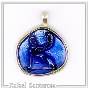 Ancient Greek coin necklace Sphinx of Delphi, sterling silver covered with sky blue enamel. Ancient Greek mythology, Greek museum replica.