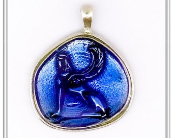 Ancient Greek coin necklace Sphinx of Delphi, sterling silver covered with sky blue enamel. Ancient Greek mythology, Greek museum replica.