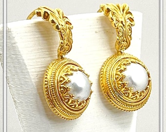 Ancient Greek Antefix Pearl Earrings: Sterling Silver 18K Gold-Filled Filigree jewelry