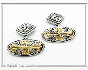 Byzantine style silver cufflinks. Byzantine cross 18ct gold filled filigree decoration on oxidized sterling silver Classic men cufflinks.