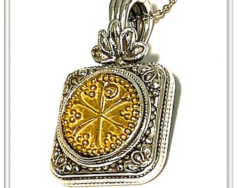 Chi Ro Christogram 18k sold Gold on Oxidized Sterling Silver filigree Pendant -Byzantine Talisman