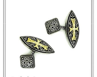 Maltese cross medieval knights Cufflinks made of oxidized sterling silver and 18 karat gold filled decoration, luxurious cufflinks for him.