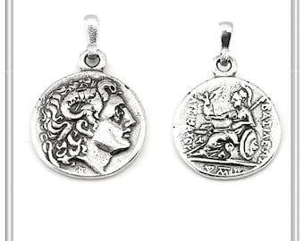 Ancient Greek sterling silver tetradrachm coin of Thrace pendant with head of deified Alexander the Great, museum replica of Lysimachus coin
