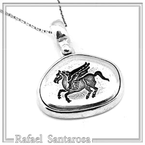 Pegasus winged horse silver pendant, ancient Greek mythology signet charm made of oxidized sterling silver, museum inspired silver necklace.