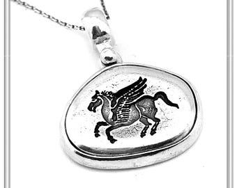 Pegasus winged horse silver pendant, ancient Greek mythology signet charm made of oxidized sterling silver, museum inspired silver necklace.