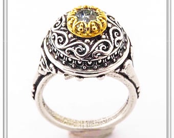 Byzantine statement ring sterling silver oxidised with natural sky-blue topaz, dark red garnet, peridot, amethyst, lapis lazuli or pearl.