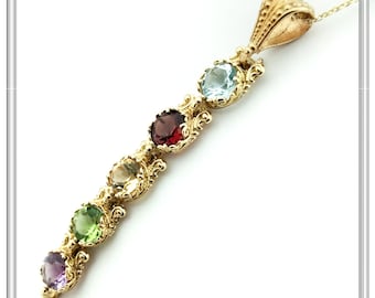 Byzantine filigree multi stone dangle drop chain pendant 18 karat gold-filled sterling silver natural topaz peridot amethyst garnet citrine