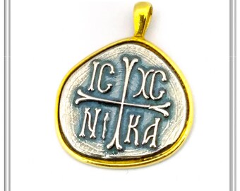 18k Gold Protection Cross Pendant: Oxidized Silver Constantinato Charm