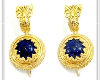 Lapis lazuli earrings, ancient Greece antefix earrings. Filigree vintage sterling silver 18 karat gold filled. Pearl or lapis earrings.