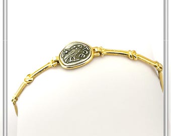 Owl Coin Bracelet Oxidized Sterling Silver on 18 karat Gold Filled bezel and Hercules knot design on the cuff. Greek Jewelry Museum Inspired