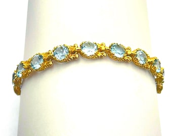 Genuine Brilliant cut Topaz Beaded Tennis Bracelet: 18K Solid Gold Byzantine Filigree Bracelet