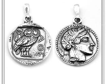 Tetradrachm coin owl pendant, sterling silver oxidized charm, Goddess Athena's owl necklace, Greek coin museum replicas of Ancient Greece.